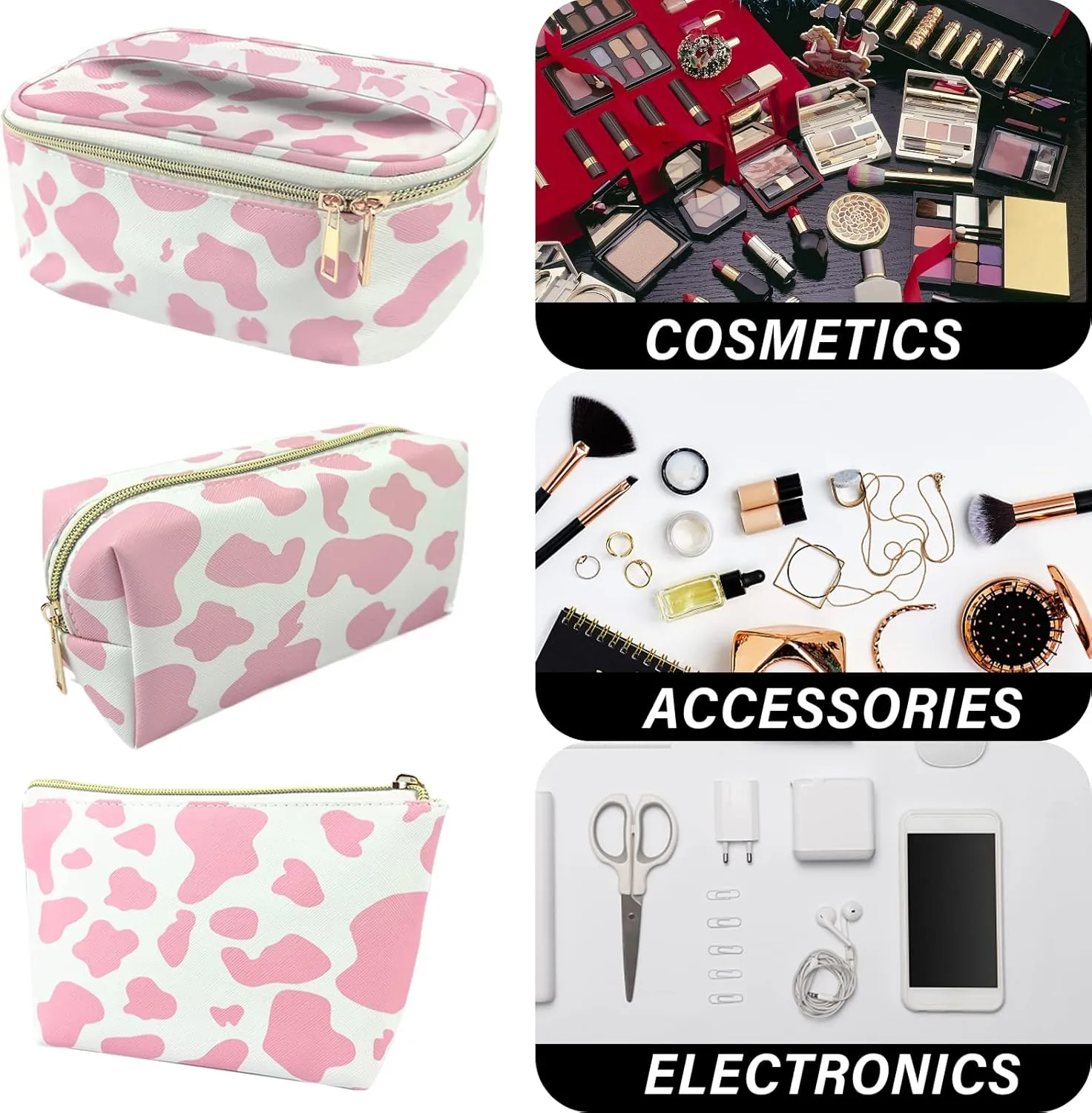 3Pcs Makeup Bag,Travel Makeup Bag,Makeup Bags for Women,Makeup Brush Bag,Large Capacity PU Cosmetic Bag,Waterproof and Durable-Pink Cow Pattern
