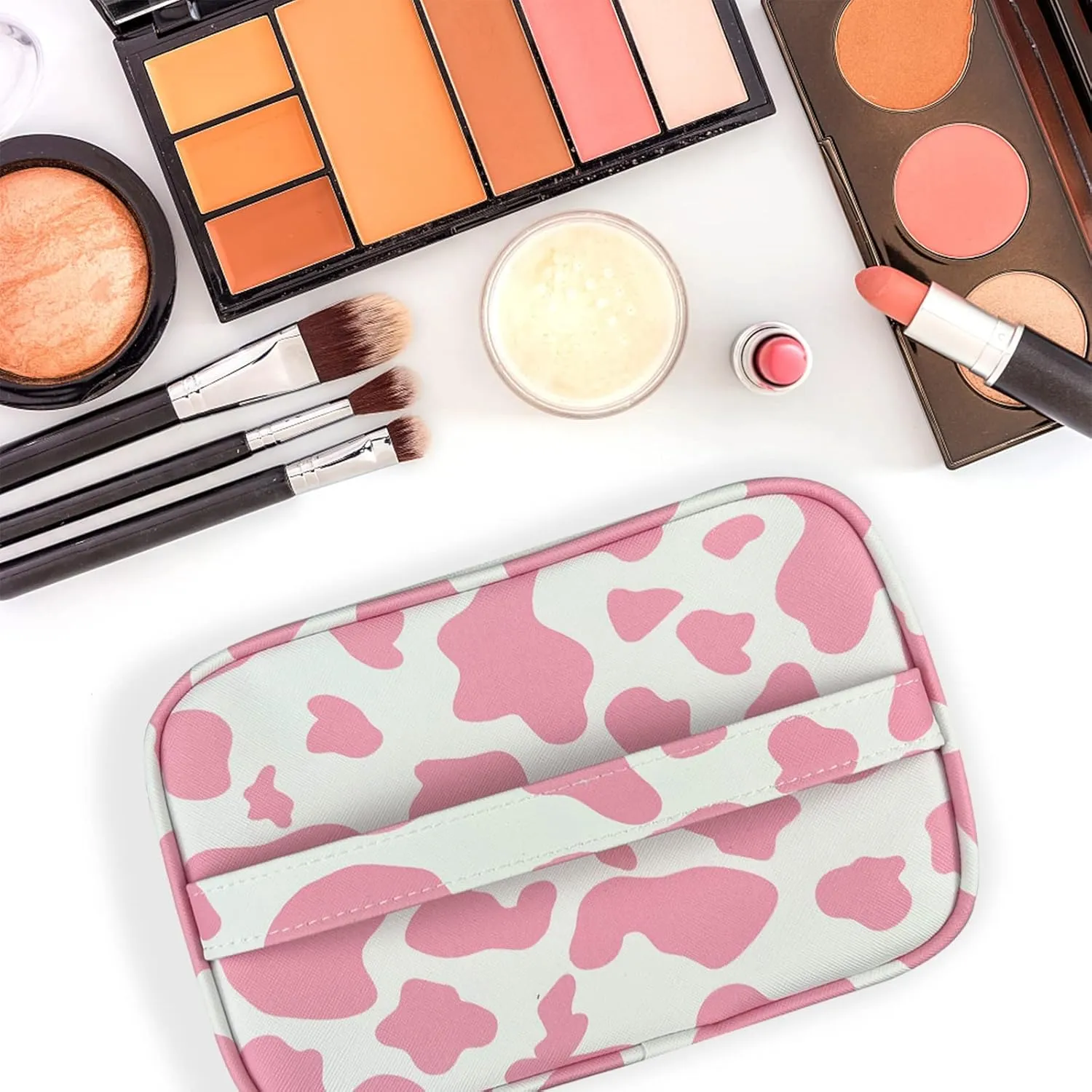 3Pcs Makeup Bag,Travel Makeup Bag,Makeup Bags for Women,Makeup Brush Bag,Large Capacity PU Cosmetic Bag,Waterproof and Durable-Pink Cow Pattern