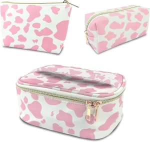 3Pcs Makeup Bag,Travel Makeup Bag,Makeup Bags for Women,Makeup Brush Bag,Large Capacity PU Cosmetic Bag,Waterproof and Durable-Pink Cow Pattern
