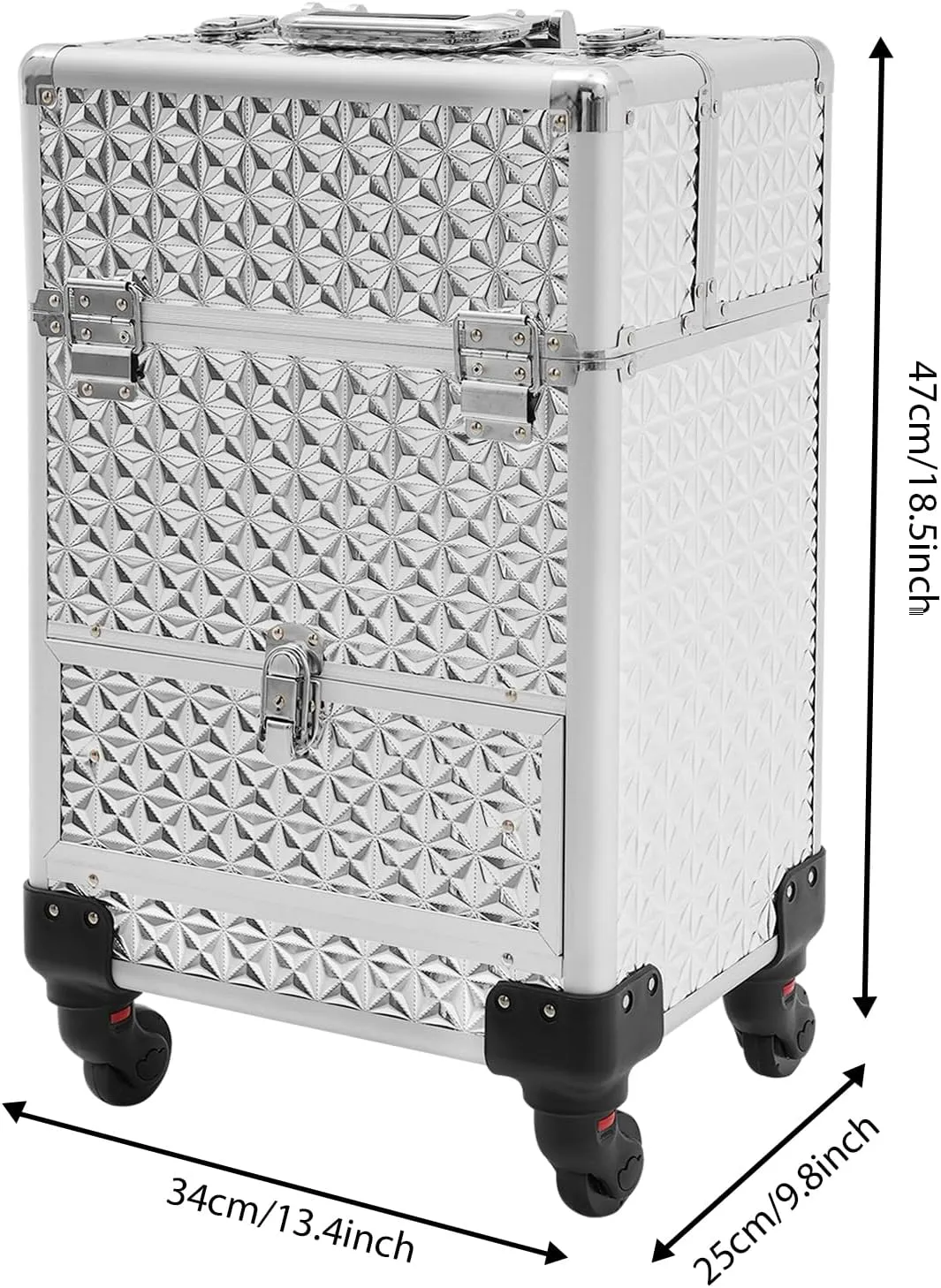 4 in 1 Rolling Makeup Train Case,Aluminum Professional Cosmetic Organizer Box with Wheels,Lockable Make Up Luggage,Silver
