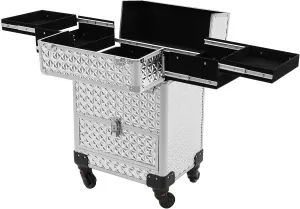 4 in 1 Rolling Makeup Train Case,Aluminum Professional Cosmetic Organizer Box with Wheels,Lockable Make Up Luggage,Silver