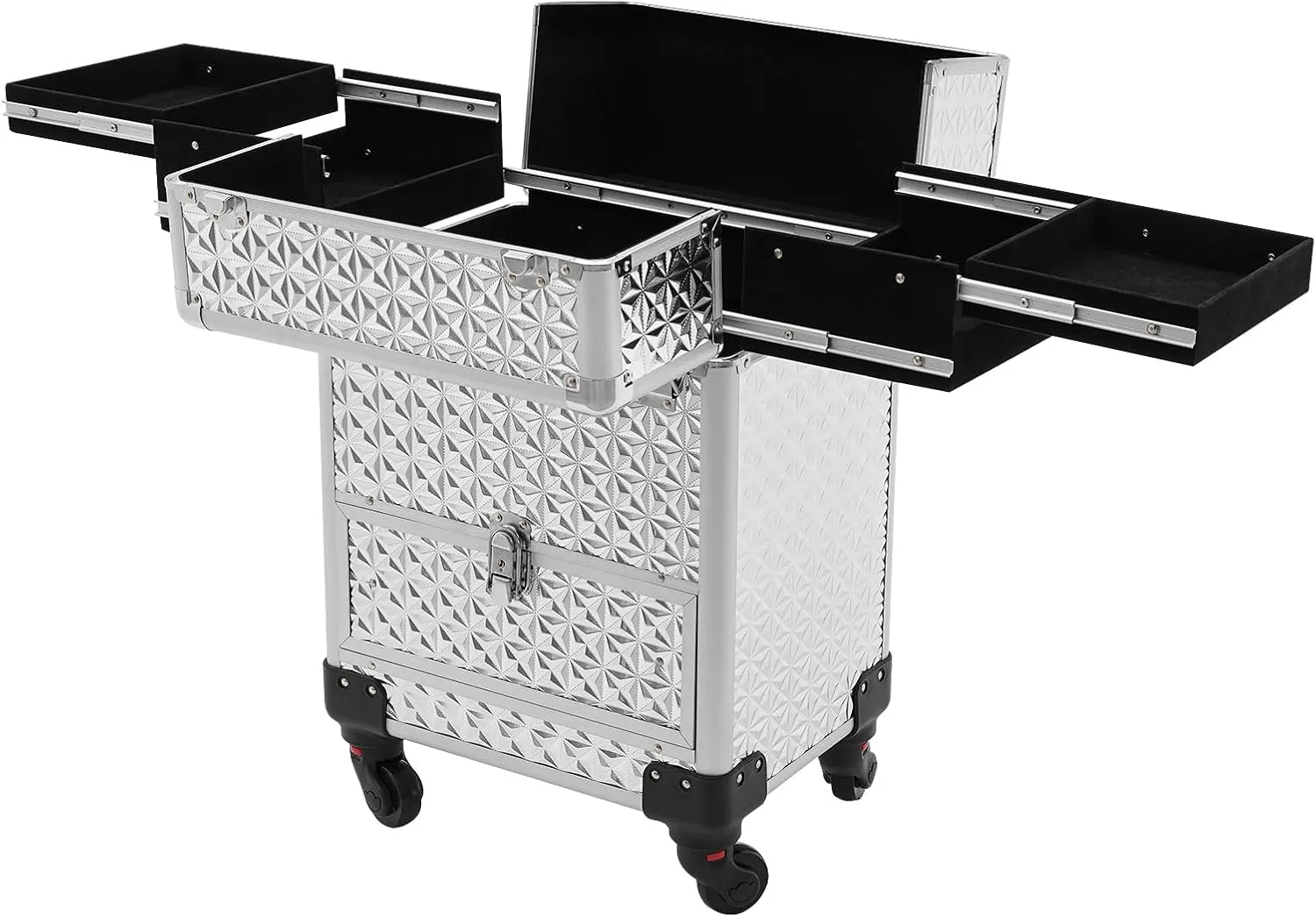 4 in 1 Rolling Makeup Train Case,Aluminum Professional Cosmetic Organizer Box with Wheels,Lockable Make Up Luggage,Silver