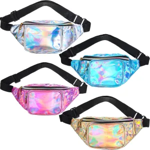 4 Pcs Holographic Fanny Packs for Women Rave Neon Fanny Pack Shiny Pink Fanny Pack Metallic Color Sport Waist Bag for Partying Travel Hiking Running with Multi Pockets Adjustable Belts