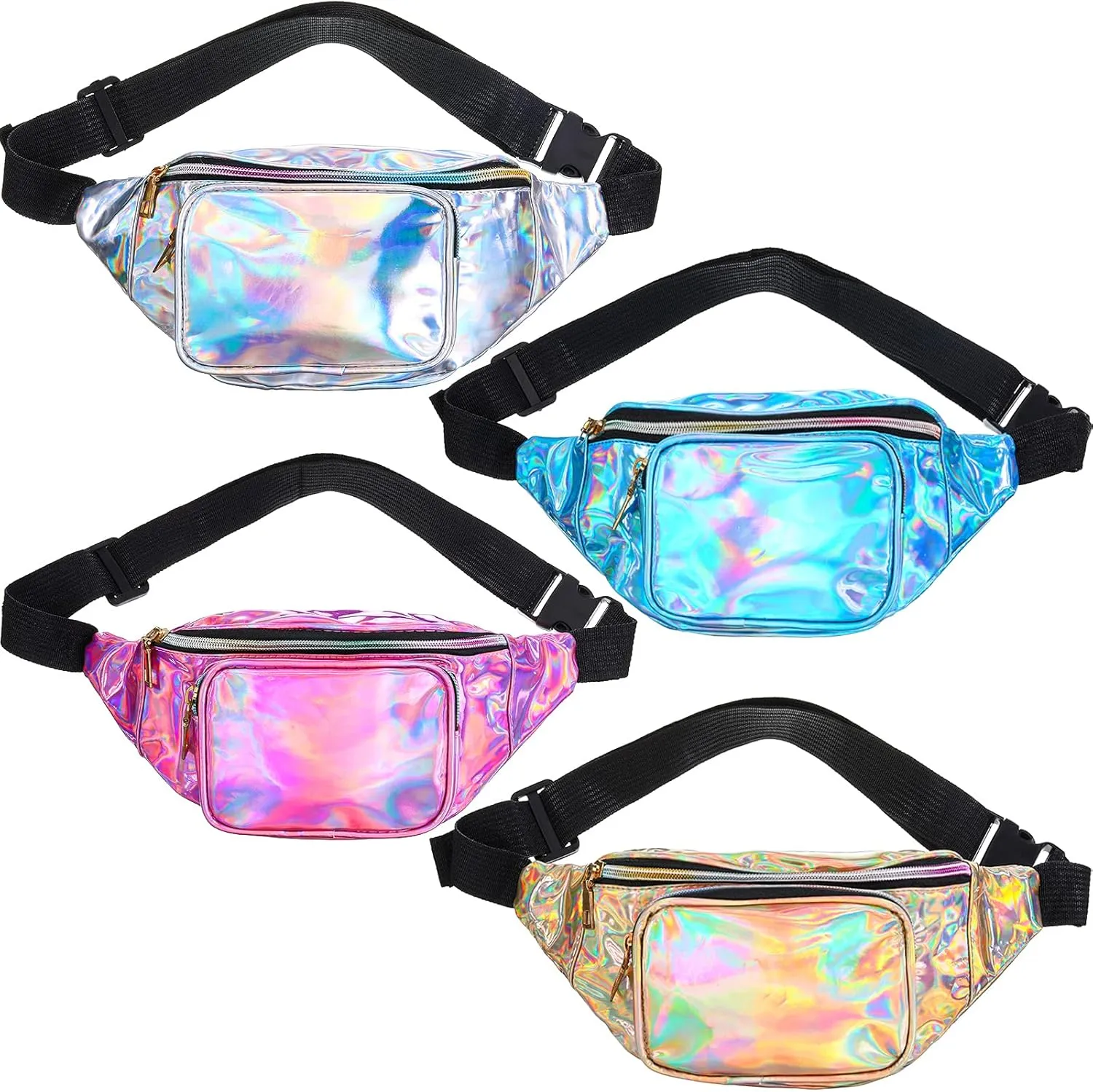 4 Pcs Holographic Fanny Packs for Women Rave Neon Fanny Pack Shiny Pink Fanny Pack Metallic Color Sport Waist Bag for Partying Travel Hiking Running with Multi Pockets Adjustable Belts