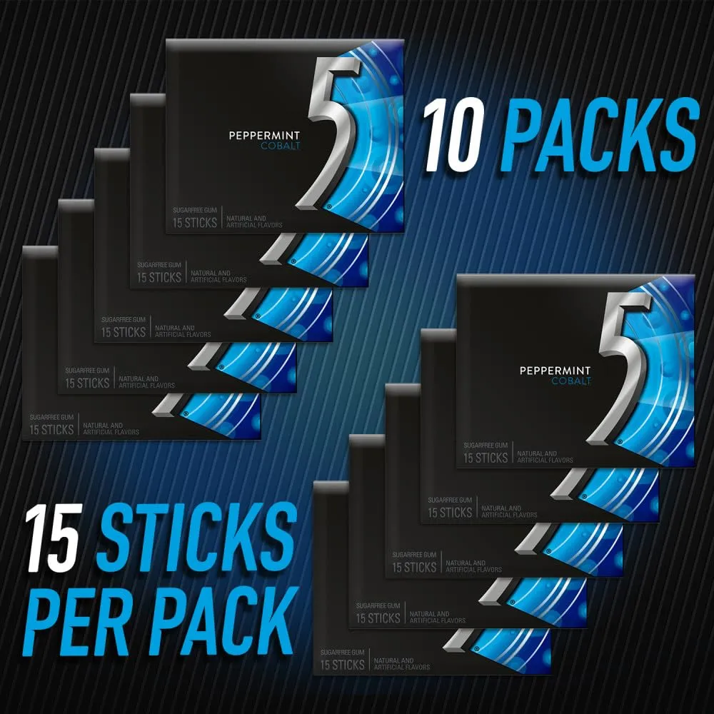 5 GUM Peppermint Cobalt Chewing Gum Bulk, Sugar-Free, 15 Sticks (Pack of 10)