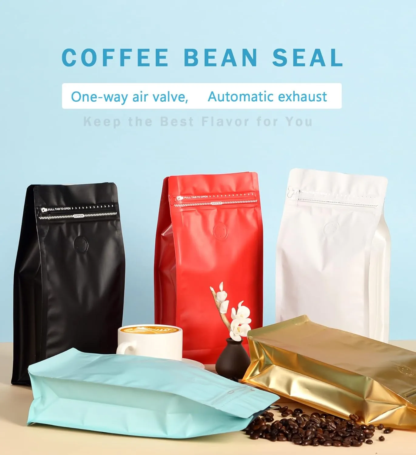 50 PCS Coffee Bags with Valve (1lb,16oz)- Stand up Coffee Pouches High Barrier Aluminum Foil Food Storage Bag for Beans Biscuits Tea Keeping Fresh(Mixed Coloer))