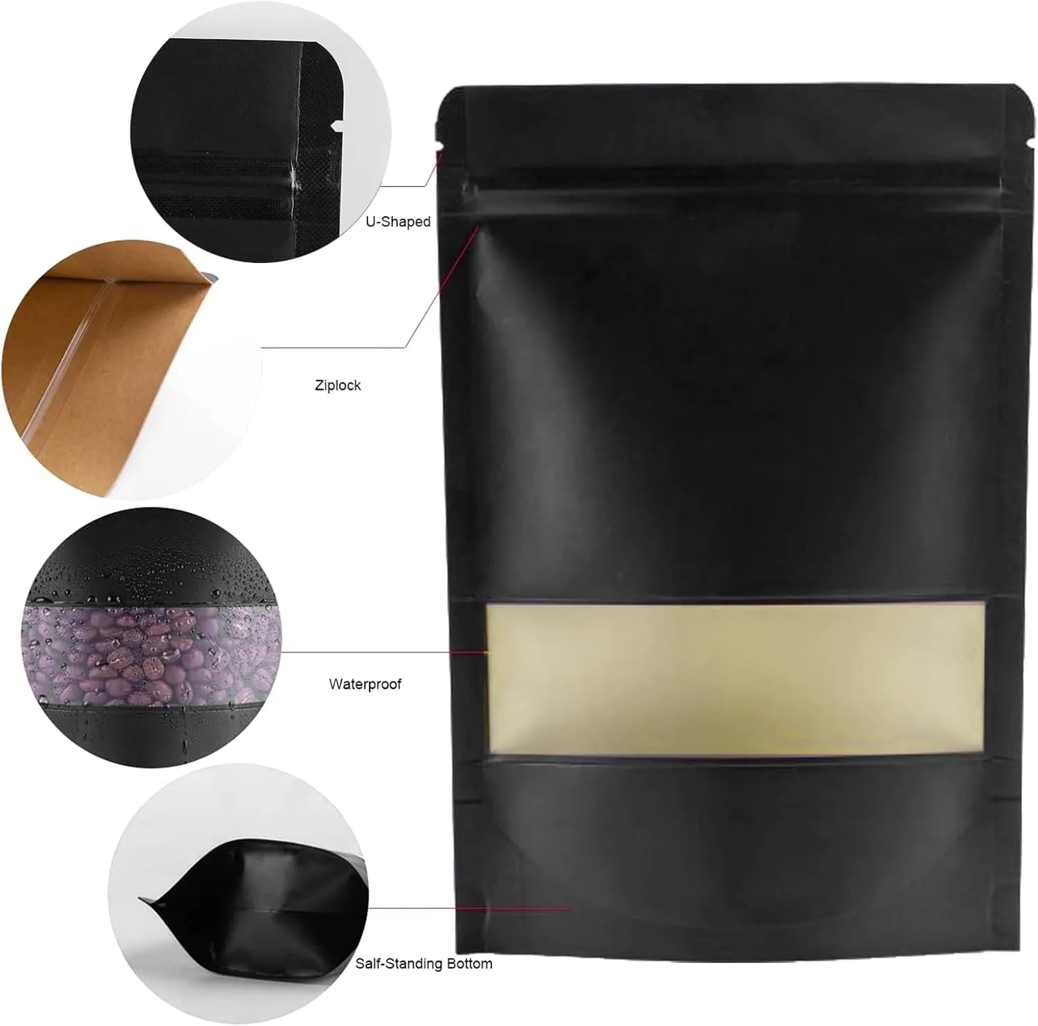 5.9x8.6 Inches Kraft Paper Resealable Bags Zip Lock Black Stand up Snack Packing Zipper Pouch Bags with Matte Window and Tear Notch,Pack of 50 packaging bag