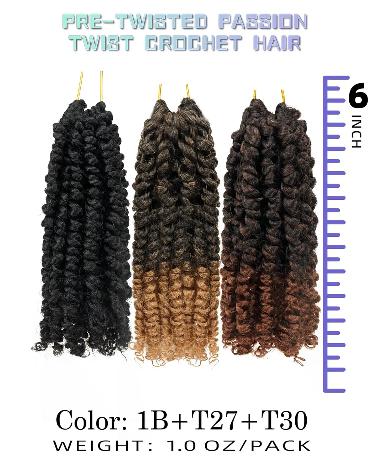 6 Inches 9 Packs Passion Twist Crochet Hair-Mixed Color Combo Pack(7 packs 1B 1 pack T1B/27 1 pack T1B/30),Pre-twisted/ Looped Super Soft & Bouncy Synthetic Braided Hair Extensions For Black Women and Kids(1B T27 T30)