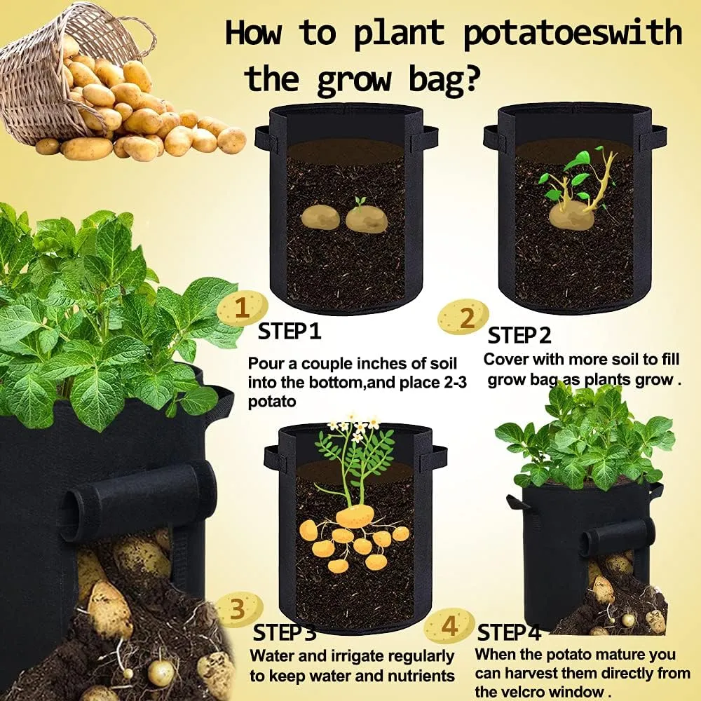 6-Pack 7 Gallon Plant Grow Bags Black Non-Woven Aeration Fabric Pots with Window Garden Planter with Handles for Potato Vegetable Flower Plant (Black, 7Gal_6Pcs)
