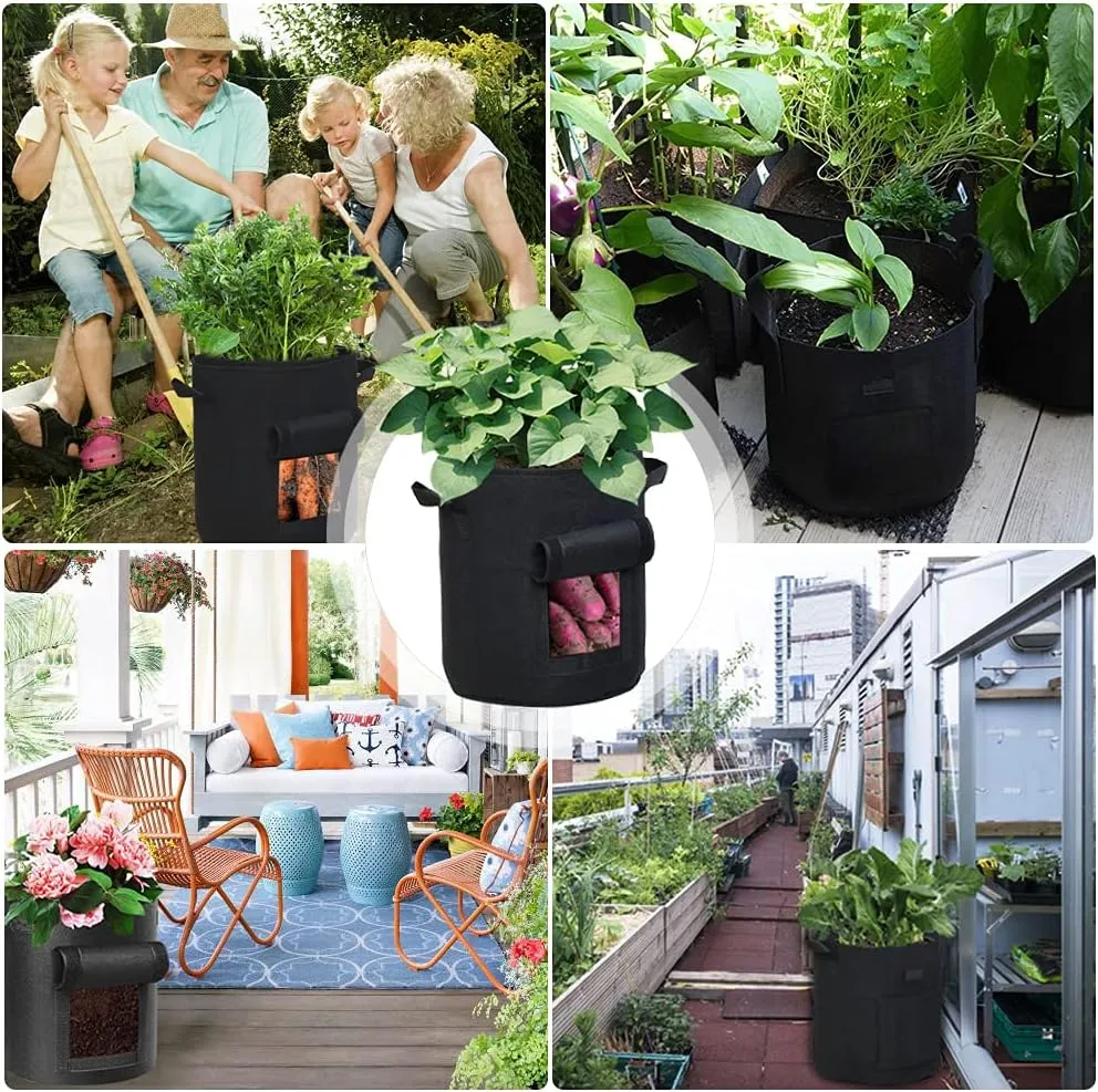 6-Pack 7 Gallon Plant Grow Bags Black Non-Woven Aeration Fabric Pots with Window Garden Planter with Handles for Potato Vegetable Flower Plant (Black, 7Gal_6Pcs)
