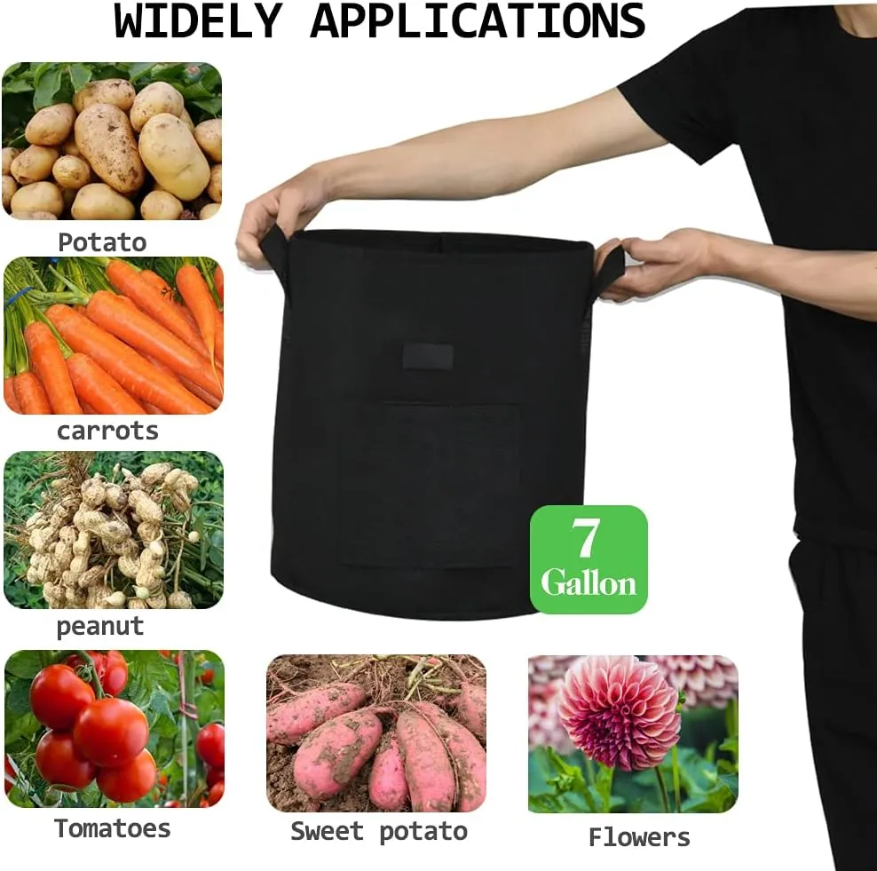 6-Pack 7 Gallon Plant Grow Bags Black Non-Woven Aeration Fabric Pots with Window Garden Planter with Handles for Potato Vegetable Flower Plant (Black, 7Gal_6Pcs)