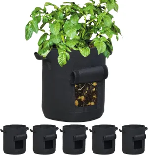 6-Pack 7 Gallon Plant Grow Bags Black Non-Woven Aeration Fabric Pots with Window Garden Planter with Handles for Potato Vegetable Flower Plant (Black, 7Gal_6Pcs)