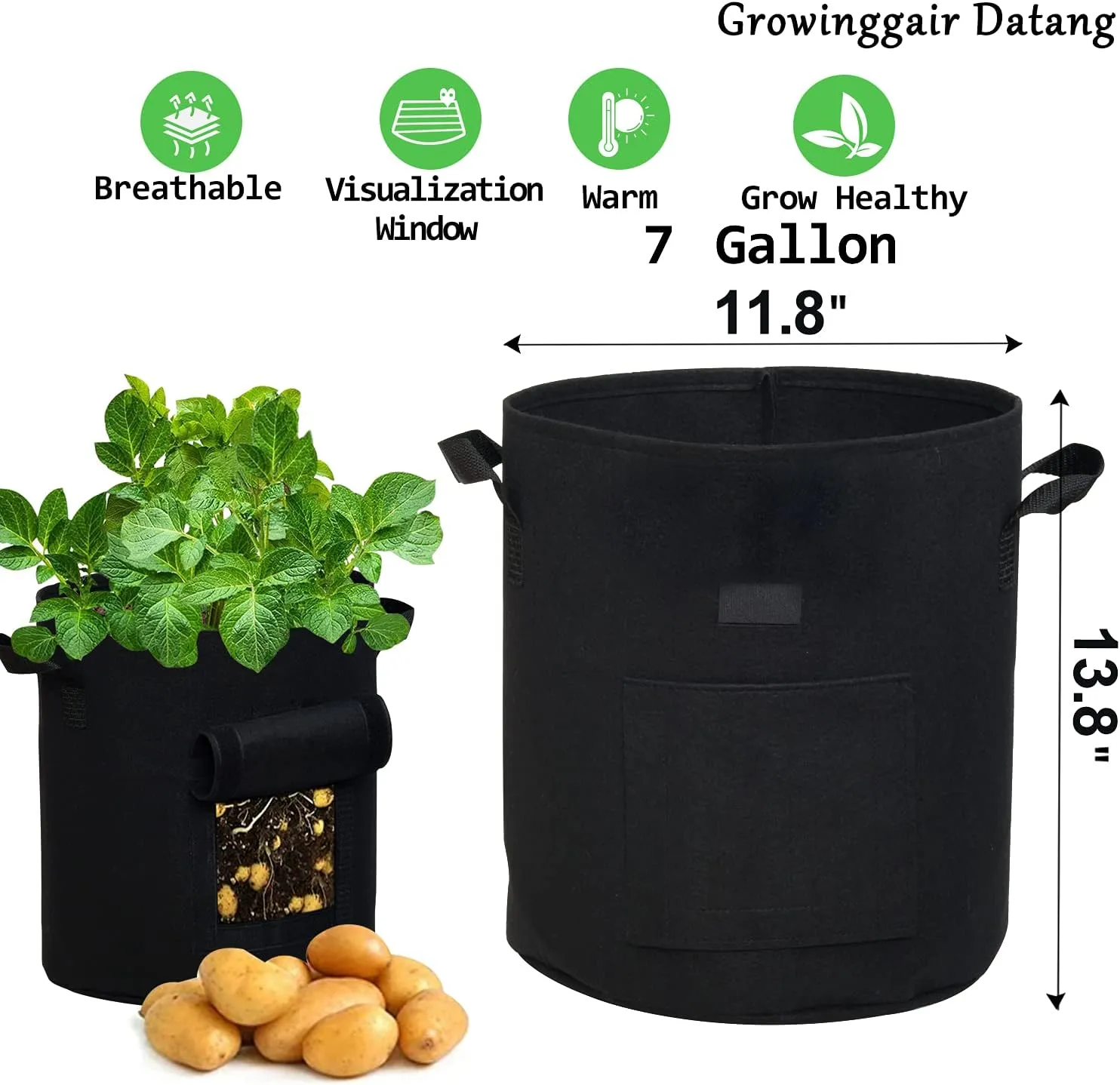 6-Pack 7 Gallon Plant Grow Bags Black Non-Woven Aeration Fabric Pots with Window Garden Planter with Handles for Potato Vegetable Flower Plant (Black, 7Gal_6Pcs)
