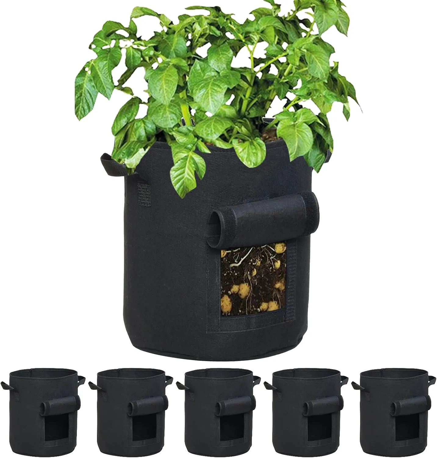 6-Pack 7 Gallon Plant Grow Bags Black Non-Woven Aeration Fabric Pots with Window Garden Planter with Handles for Potato Vegetable Flower Plant (Black, 7Gal_6Pcs)