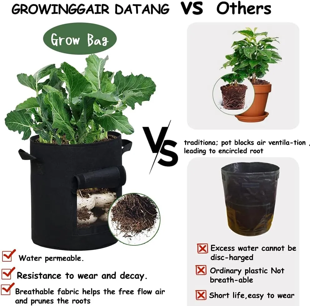 6-Pack 7 Gallon Plant Grow Bags Black Non-Woven Aeration Fabric Pots with Window Garden Planter with Handles for Potato Vegetable Flower Plant (Black, 7Gal_6Pcs)