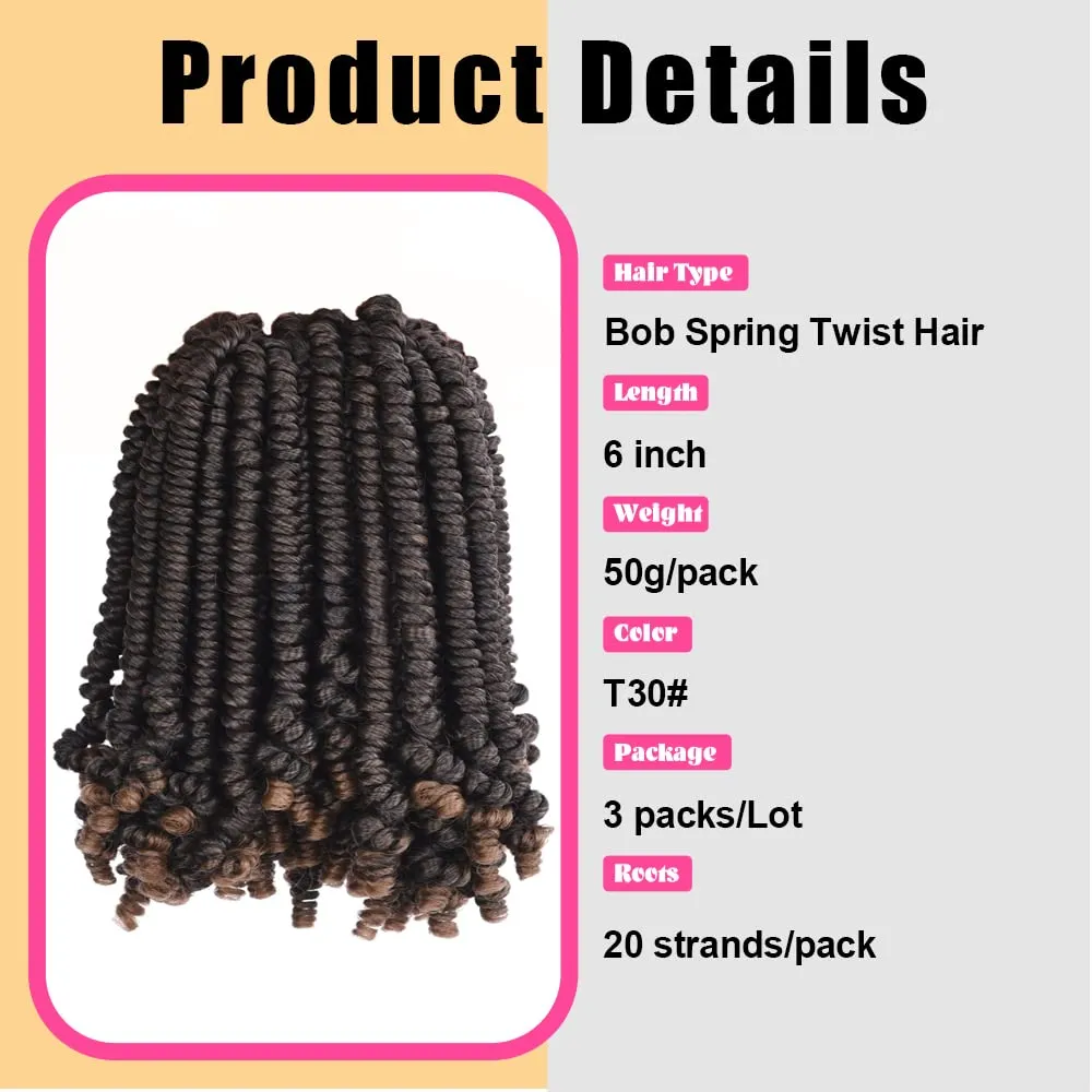 6 Packs Bob Spring Twist Kids Crochet Hair 6 Inch (120 strands) Cute & Versatile Pre-twisted Spring Twists Crochet Braids Synthetic Braiding Hair Extension (6 Packs, T30#)