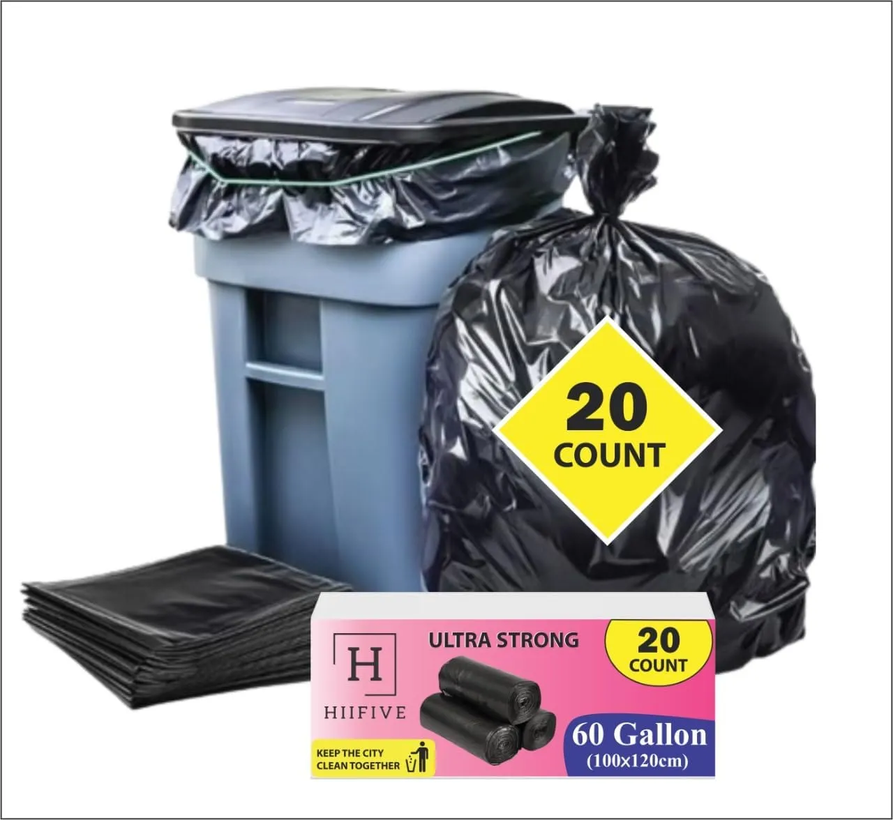 60 Gallon Heavy Duty Trash Bags | 20 Count | 100 x 120 CM | Extra Large Black Garbage Bags | Ultra Strong Contractor Bags
