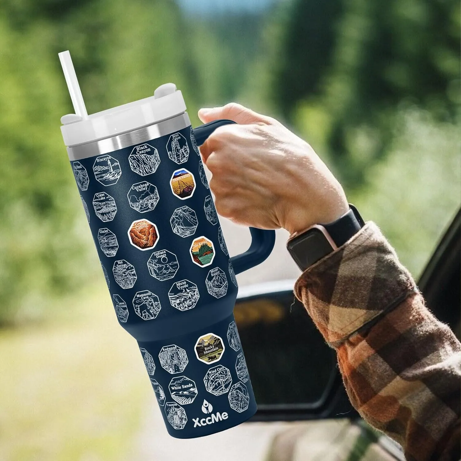 63 National Parks Water Bottle with Stickers,40 oz Tumbler with Handle and Straw,2 Lids,40 oz Double Wall Insulated Tumbler,Stainless Steel Leak Proof Tumbler,Travel Coffee Mug (Blue)