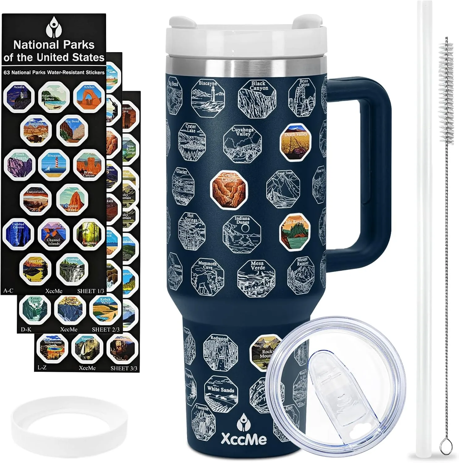 63 National Parks Water Bottle with Stickers,40 oz Tumbler with Handle and Straw,2 Lids,40 oz Double Wall Insulated Tumbler,Stainless Steel Leak Proof Tumbler,Travel Coffee Mug (Blue)