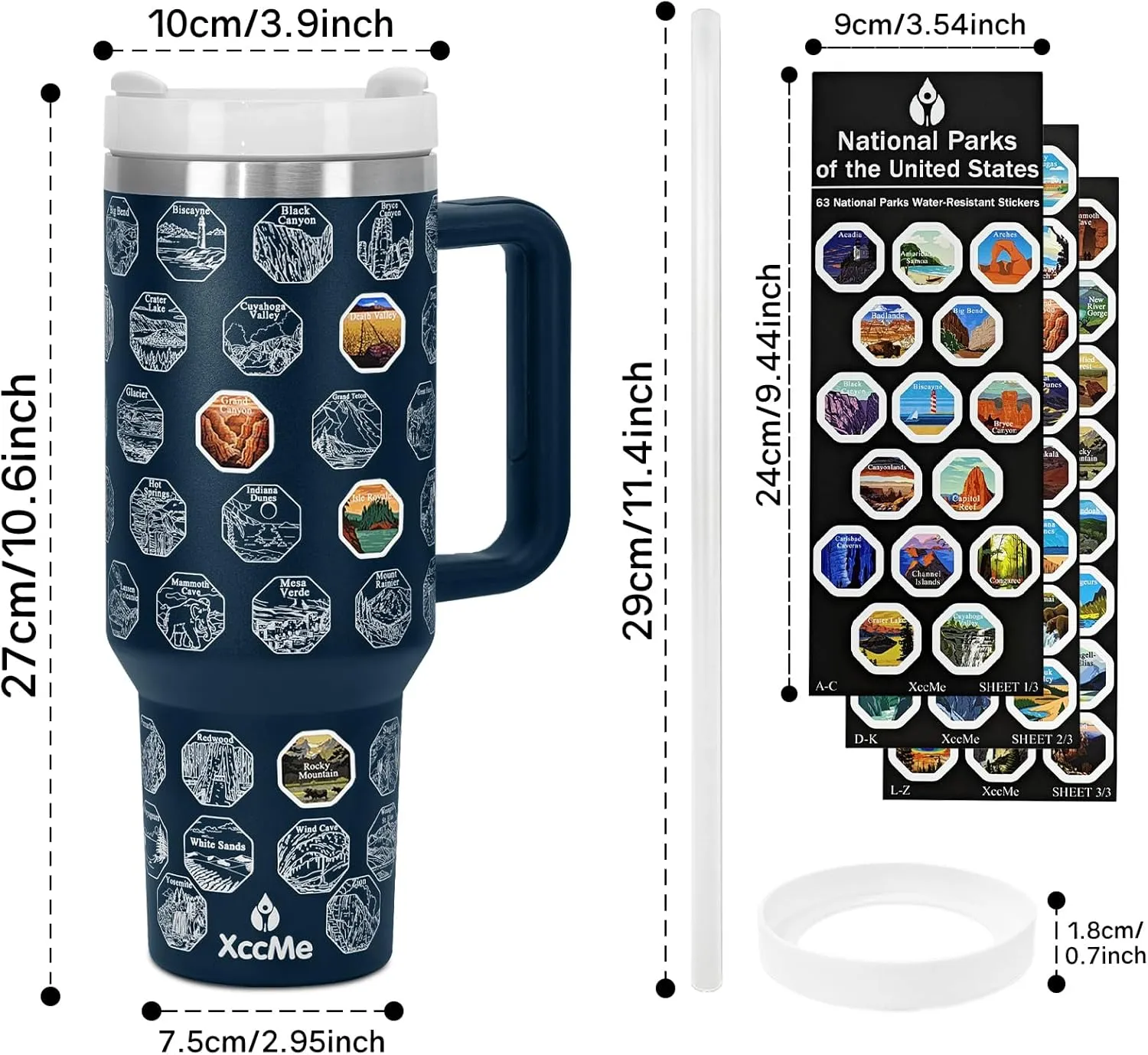 63 National Parks Water Bottle with Stickers,40 oz Tumbler with Handle and Straw,2 Lids,40 oz Double Wall Insulated Tumbler,Stainless Steel Leak Proof Tumbler,Travel Coffee Mug (Blue)