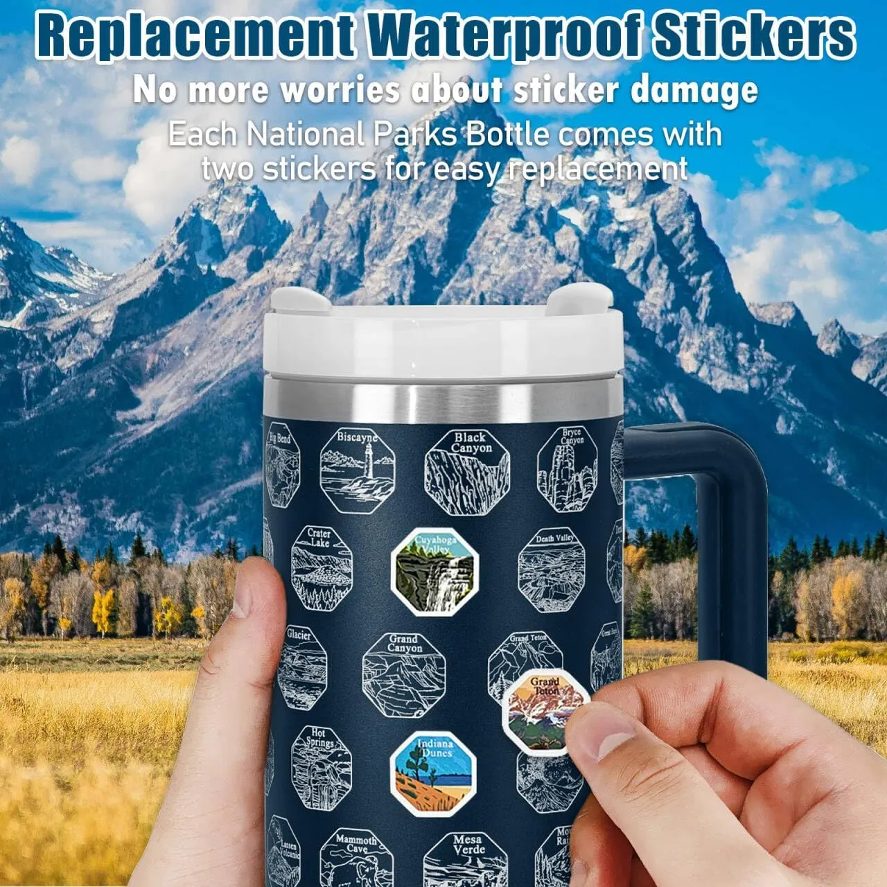 63 National Parks Water Bottle with Stickers,40 oz Tumbler with Handle and Straw,2 Lids,40 oz Double Wall Insulated Tumbler,Stainless Steel Leak Proof Tumbler,Travel Coffee Mug (Blue)