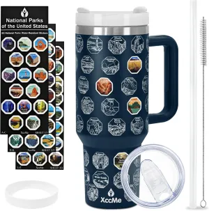 63 National Parks Water Bottle with Stickers,40 oz Tumbler with Handle and Straw,2 Lids,40 oz Double Wall Insulated Tumbler,Stainless Steel Leak Proof Tumbler,Travel Coffee Mug (Blue)