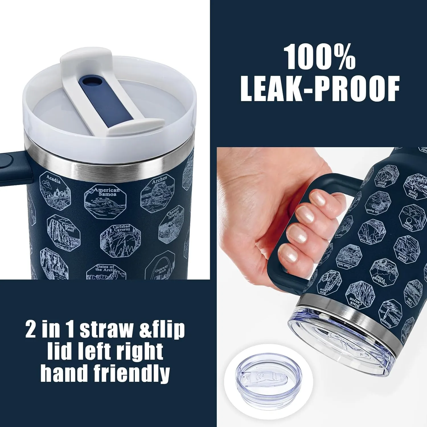 63 National Parks Water Bottle with Stickers,40 oz Tumbler with Handle and Straw,2 Lids,40 oz Double Wall Insulated Tumbler,Stainless Steel Leak Proof Tumbler,Travel Coffee Mug (Blue)