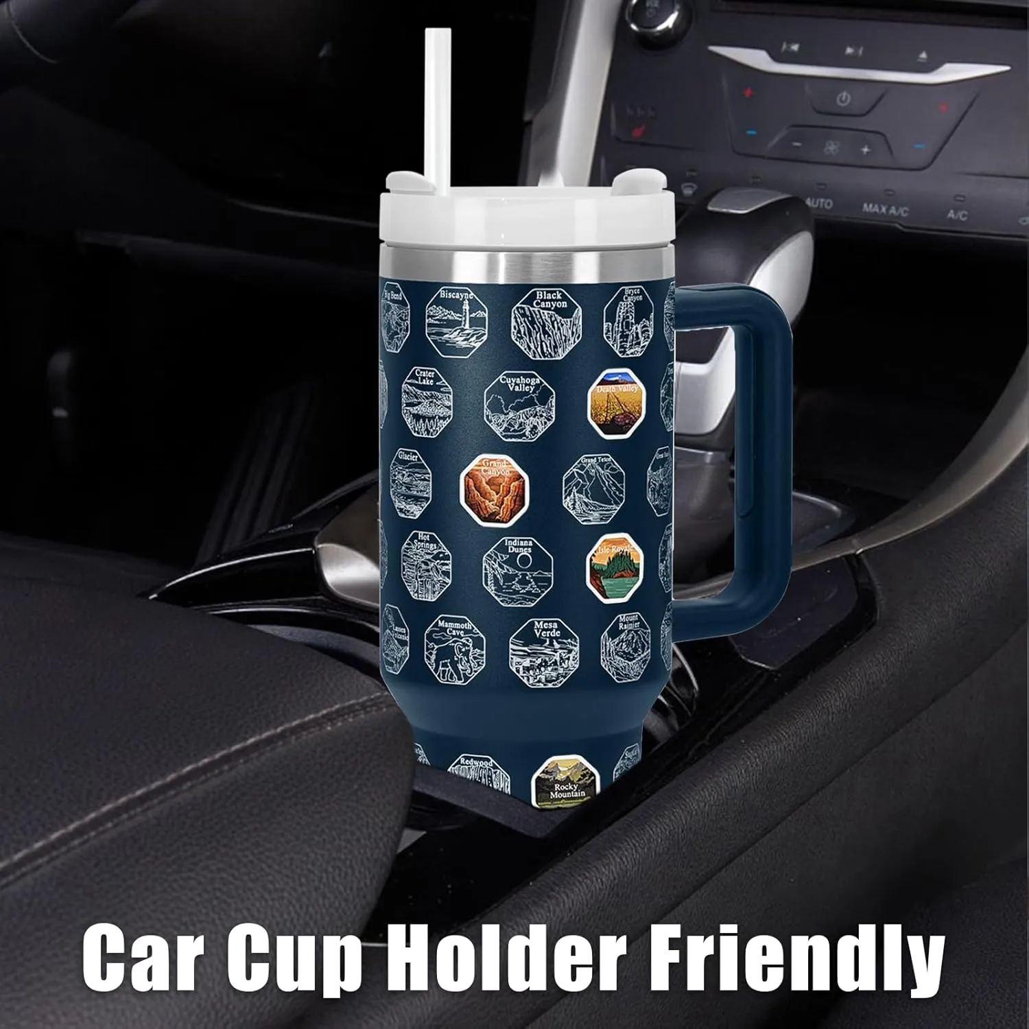 63 National Parks Water Bottle with Stickers,40 oz Tumbler with Handle and Straw,2 Lids,40 oz Double Wall Insulated Tumbler,Stainless Steel Leak Proof Tumbler,Travel Coffee Mug (Blue)