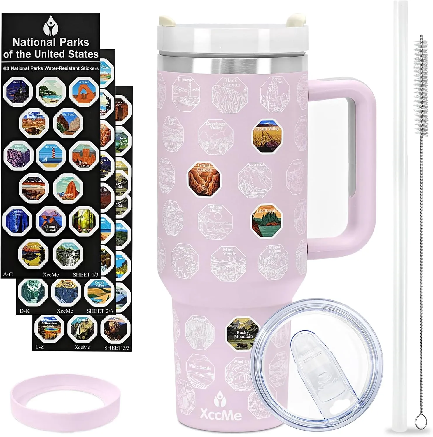 63 National Parks Water Bottle with Stickers,40 oz Tumbler with Handle and Straw,2 Lids,40 oz Double Wall Insulated Tumbler,Stainless Steel Leak Proof Tumbler,Travel Coffee Mug (Purple)