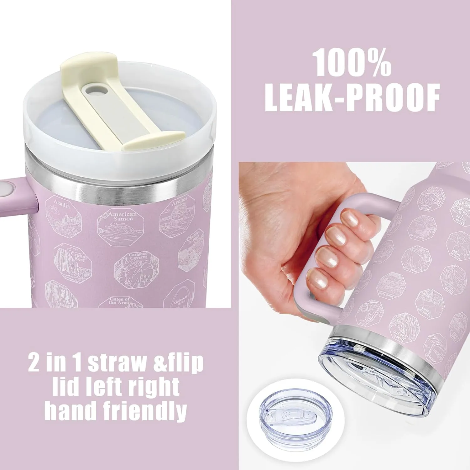 63 National Parks Water Bottle with Stickers,40 oz Tumbler with Handle and Straw,2 Lids,40 oz Double Wall Insulated Tumbler,Stainless Steel Leak Proof Tumbler,Travel Coffee Mug (Purple)