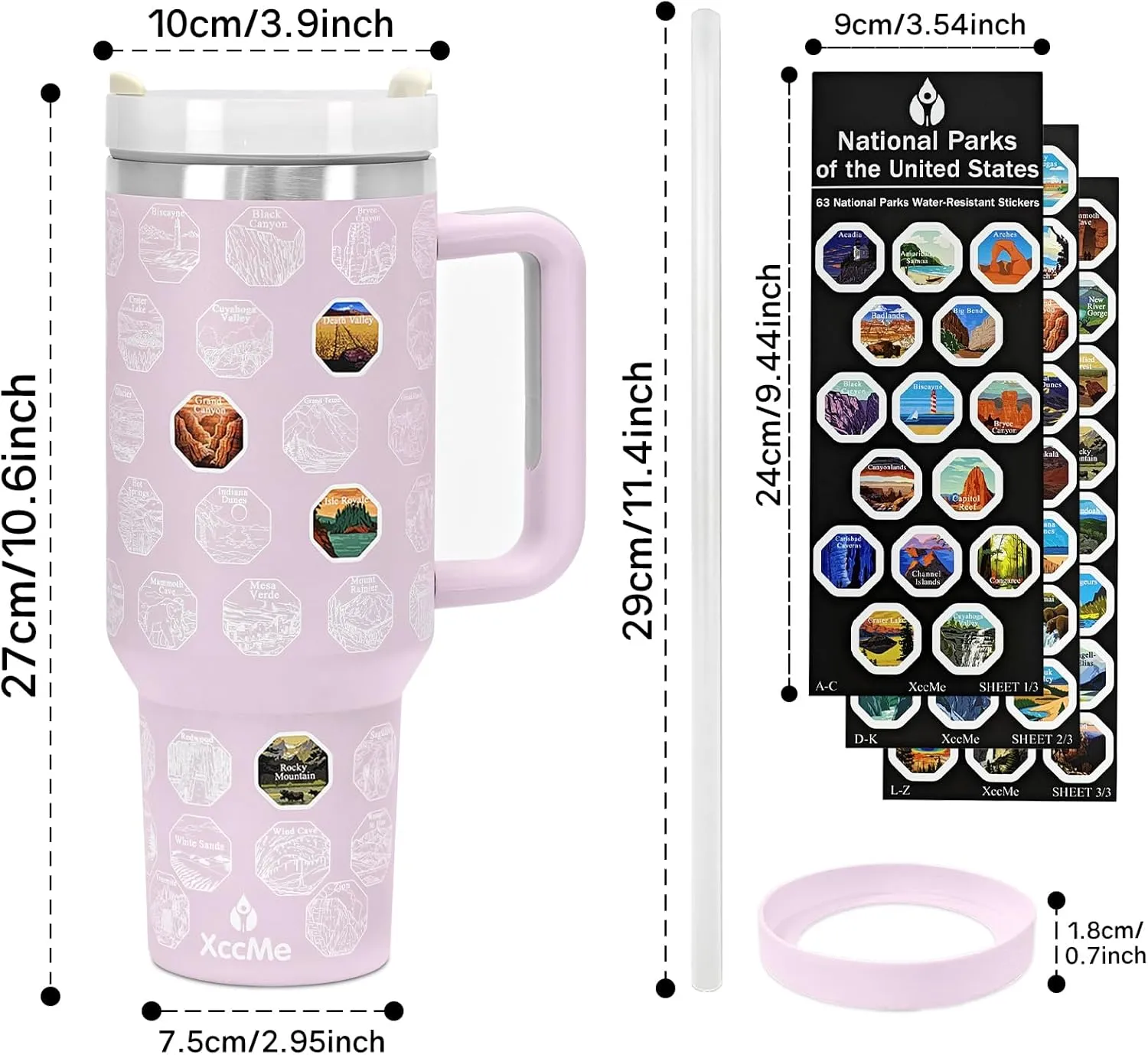 63 National Parks Water Bottle with Stickers,40 oz Tumbler with Handle and Straw,2 Lids,40 oz Double Wall Insulated Tumbler,Stainless Steel Leak Proof Tumbler,Travel Coffee Mug (Purple)