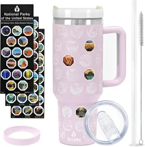 63 National Parks Water Bottle with Stickers,40 oz Tumbler with Handle and Straw,2 Lids,40 oz Double Wall Insulated Tumbler,Stainless Steel Leak Proof Tumbler,Travel Coffee Mug (Purple)