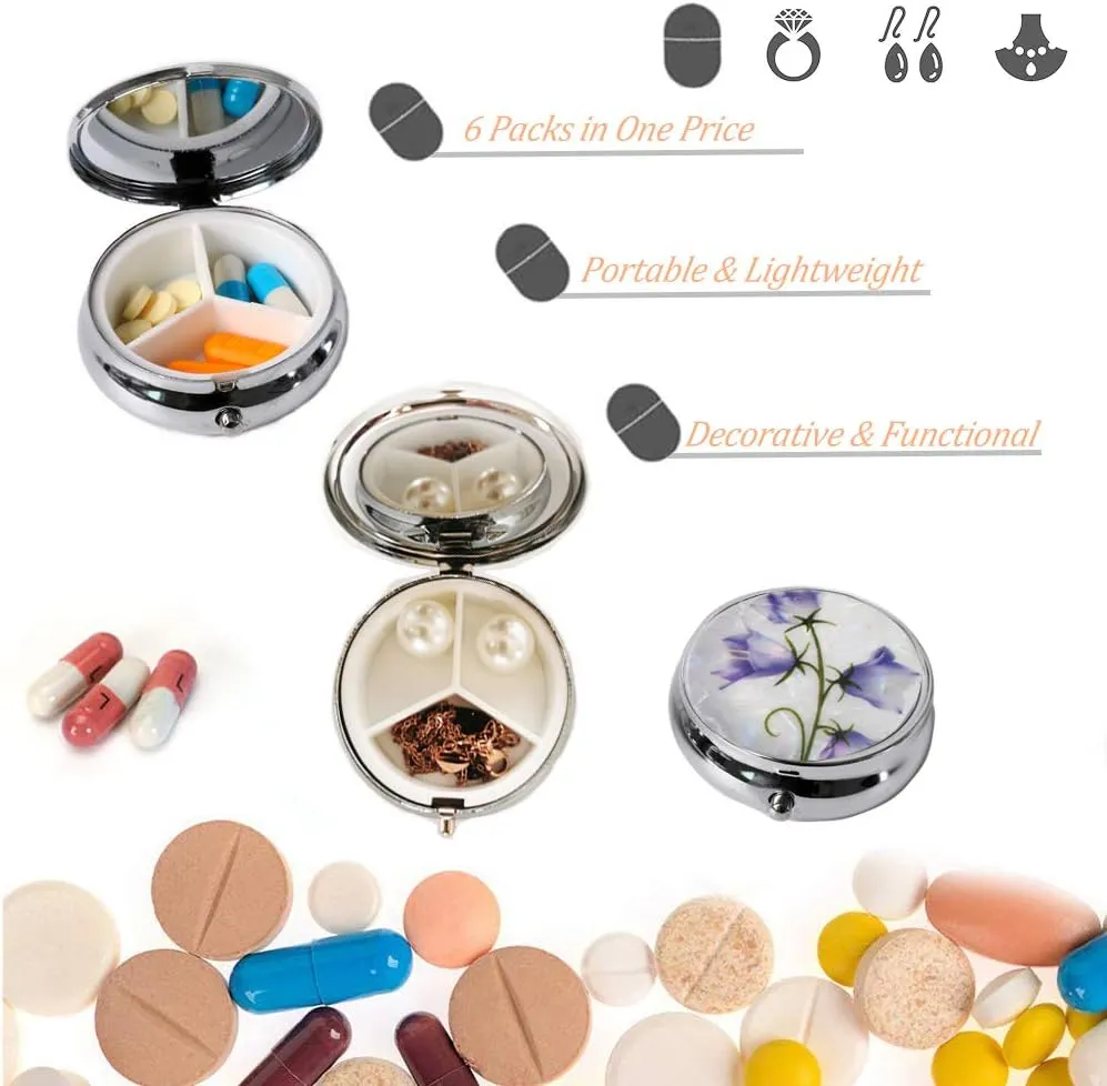 6Pcs Elegant Pill Box Case, CREATIEE-PRO Portable Medicine Tablet Vitamin Holder Organizer with 3 Component for Purse Pocket Travel - Practical & Fashionable(6 Patterns, 1.6Inches)