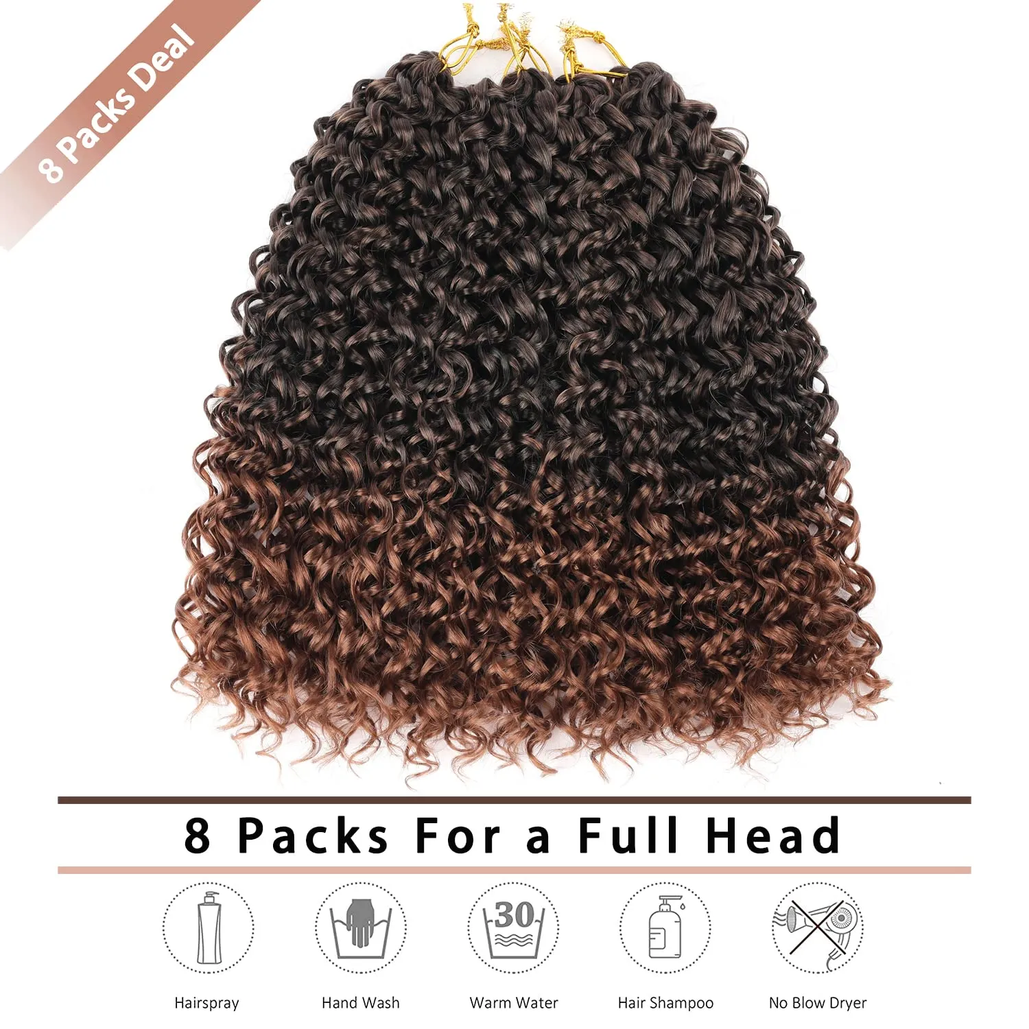 8 Packs 14 inch GoGo Curl Crochet Hair for Black Women Water Wave Curly Crochet Braiding Hair Ocean Wave Beach Curl Wavy Crochet Hair Extensions (Pack of 8, Ombre Brown)