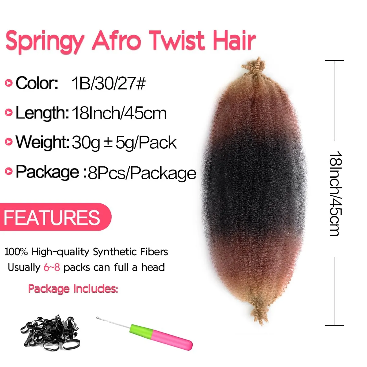 8 Packs Marley Twist Braiding Hair 18 Inch Pre Fluffed Cuban Twist Hair Extensions Pre Stretched Wrapping Hair (18 Inch,8Pack,#1B/30/27)
