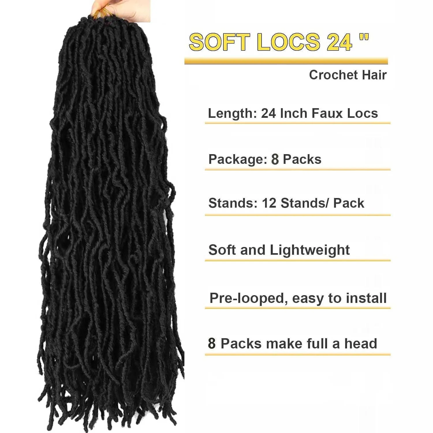 8 Packs Soft Locs 24 Inch Faux Locs Crochet Hair for Butterfly Locs Distressed Locs Crochet Hair for Women (24 Inch(Pack of 8), 1B)