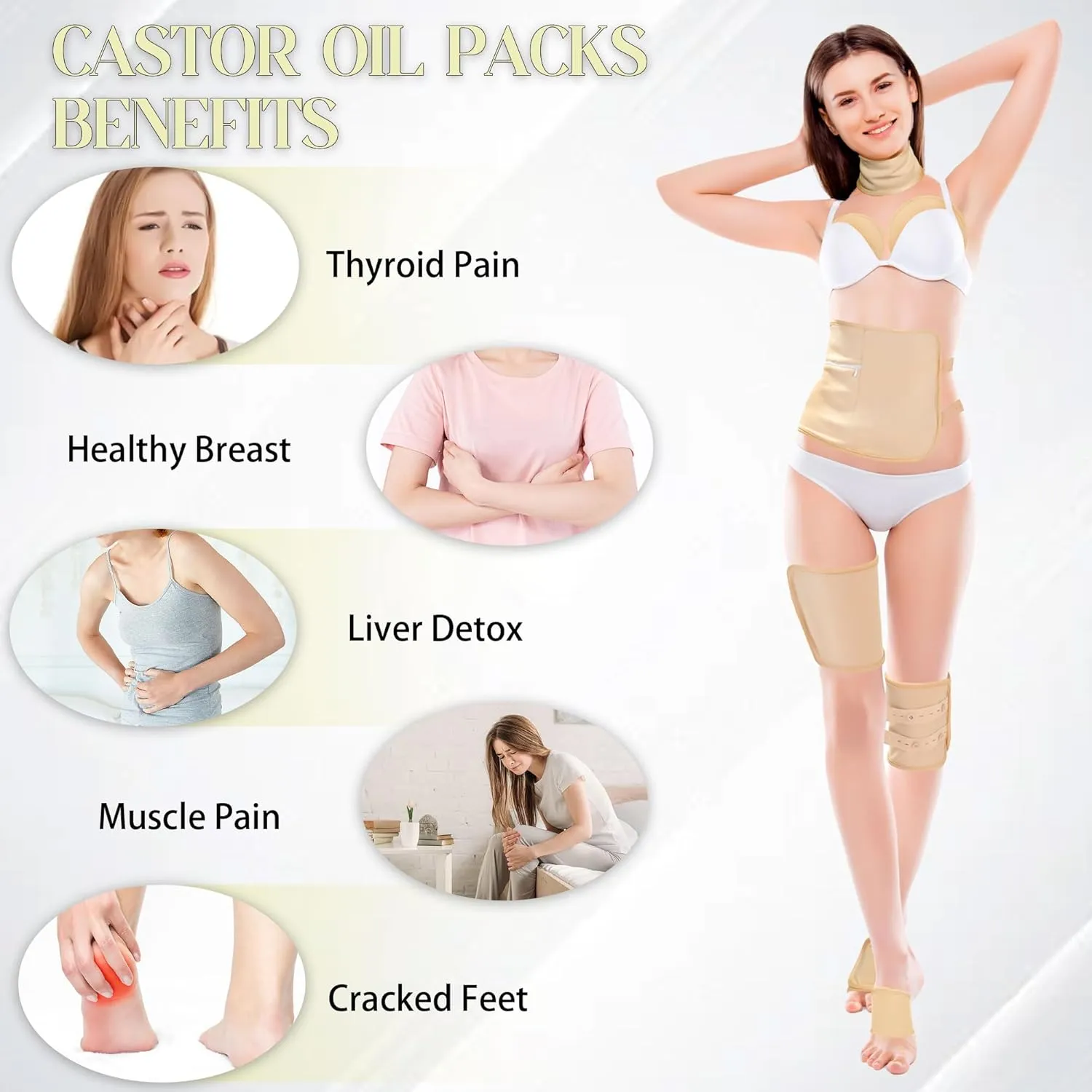 9 Pcs Castor Oil Pack Wrap, Reusable Caster Oil Pack Organic Cotton for Neck Chest Waist Back Knee and Feet, Adjustable Elastic Straps Castor Oil Wrap with Laundry Bag, Machine Washable Anti Oil Leak