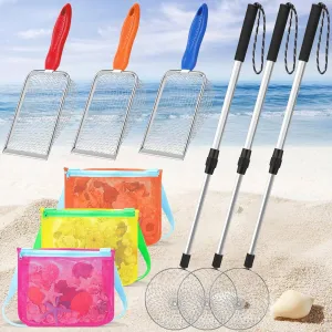 9 Pcs Shelling Tools for Beach Include Sand Sifter with Long Handle, Beach Mesh Shovel, Mesh Beach Bag Seashell Collecting Shark Tooth Sifter Dipper(Blue, Red, Orange)