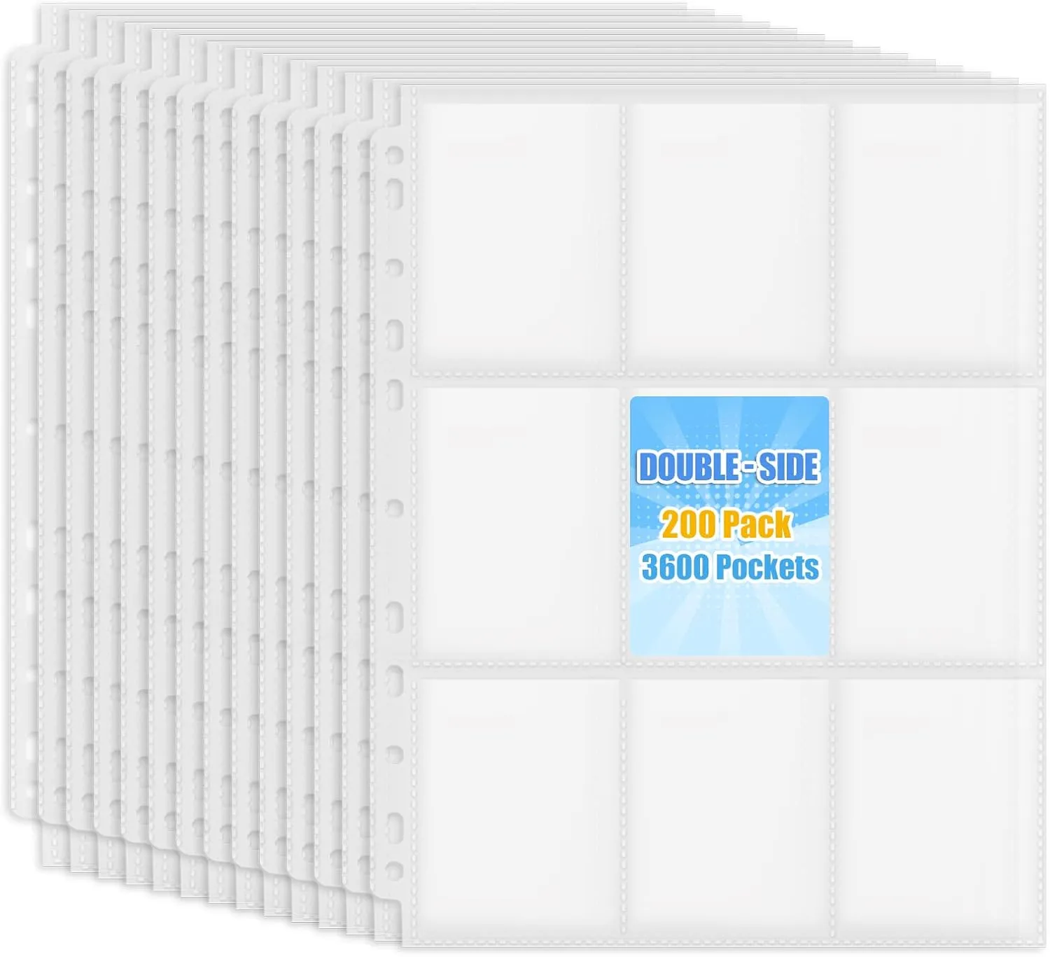 9 Pocket Trading Card Sleeve Pages, 200 Pack Sports Card Binder Sleeves for Standard Size Cards, Double Sided Card Sleeves Binder Sheets Holds 3600 Cards, 11 Holes Fit 3 Ring Card Binders