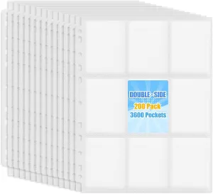 9 Pocket Trading Card Sleeve Pages, 200 Pack Sports Card Binder Sleeves for Standard Size Cards, Double Sided Card Sleeves Binder Sheets Holds 3600 Cards, 11 Holes Fit 3 Ring Card Binders