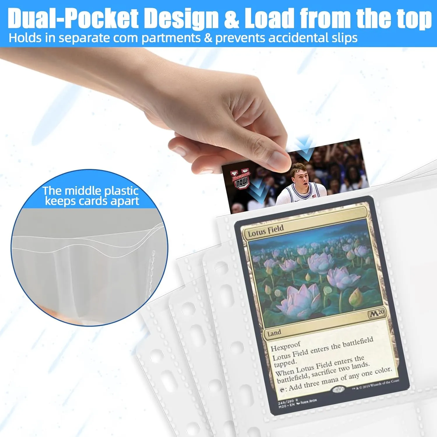 9 Pocket Trading Card Sleeve Pages, 200 Pack Sports Card Binder Sleeves for Standard Size Cards, Double Sided Card Sleeves Binder Sheets Holds 3600 Cards, 11 Holes Fit 3 Ring Card Binders