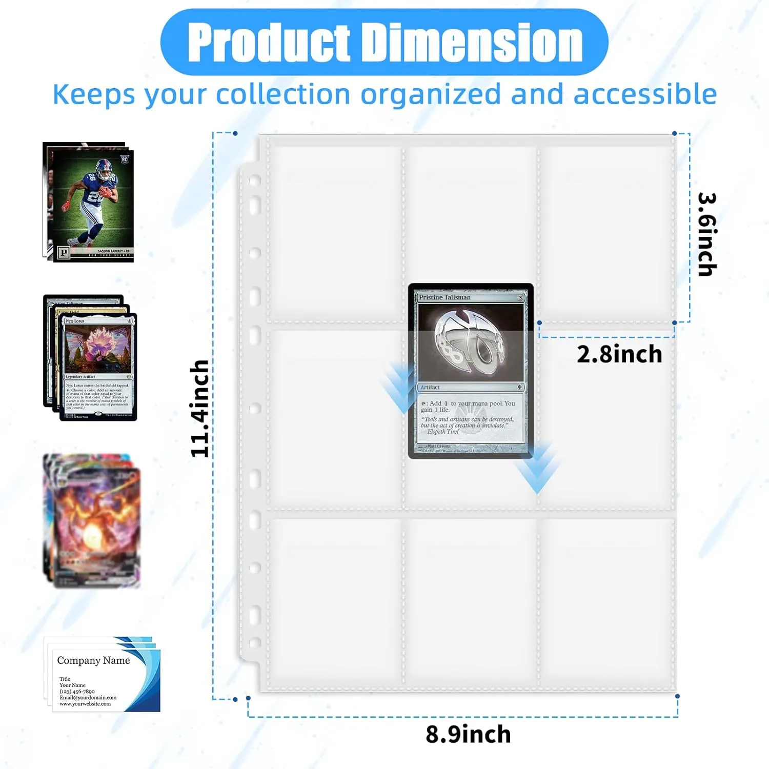9 Pocket Trading Card Sleeve Pages, 200 Pack Sports Card Binder Sleeves for Standard Size Cards, Double Sided Card Sleeves Binder Sheets Holds 3600 Cards, 11 Holes Fit 3 Ring Card Binders