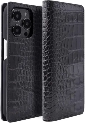 ABBI SIGNATURE iPhone 15 Pro Case, Made in Japan, Notebook-type Genuine Leather, LIPARI Italian Leather, Diary Case, Compatible with MagSafe [Crocodile Embossed Leather, Handmade Durable Leather Case,