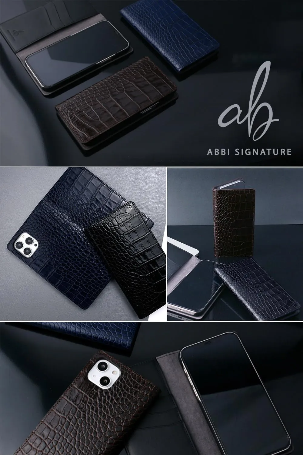 ABBI SIGNATURE iPhone 15 Pro Case, Made in Japan, Notebook-type Genuine Leather, LIPARI Italian Leather, Diary Case, Compatible with MagSafe [Crocodile Embossed Leather, Handmade Durable Leather Case,