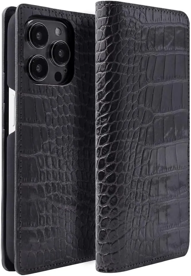 ABBI SIGNATURE iPhone 15 Pro Case, Made in Japan, Notebook-type Genuine Leather, LIPARI Italian Leather, Diary Case, Compatible with MagSafe [Crocodile Embossed Leather, Handmade Durable Leather Case,