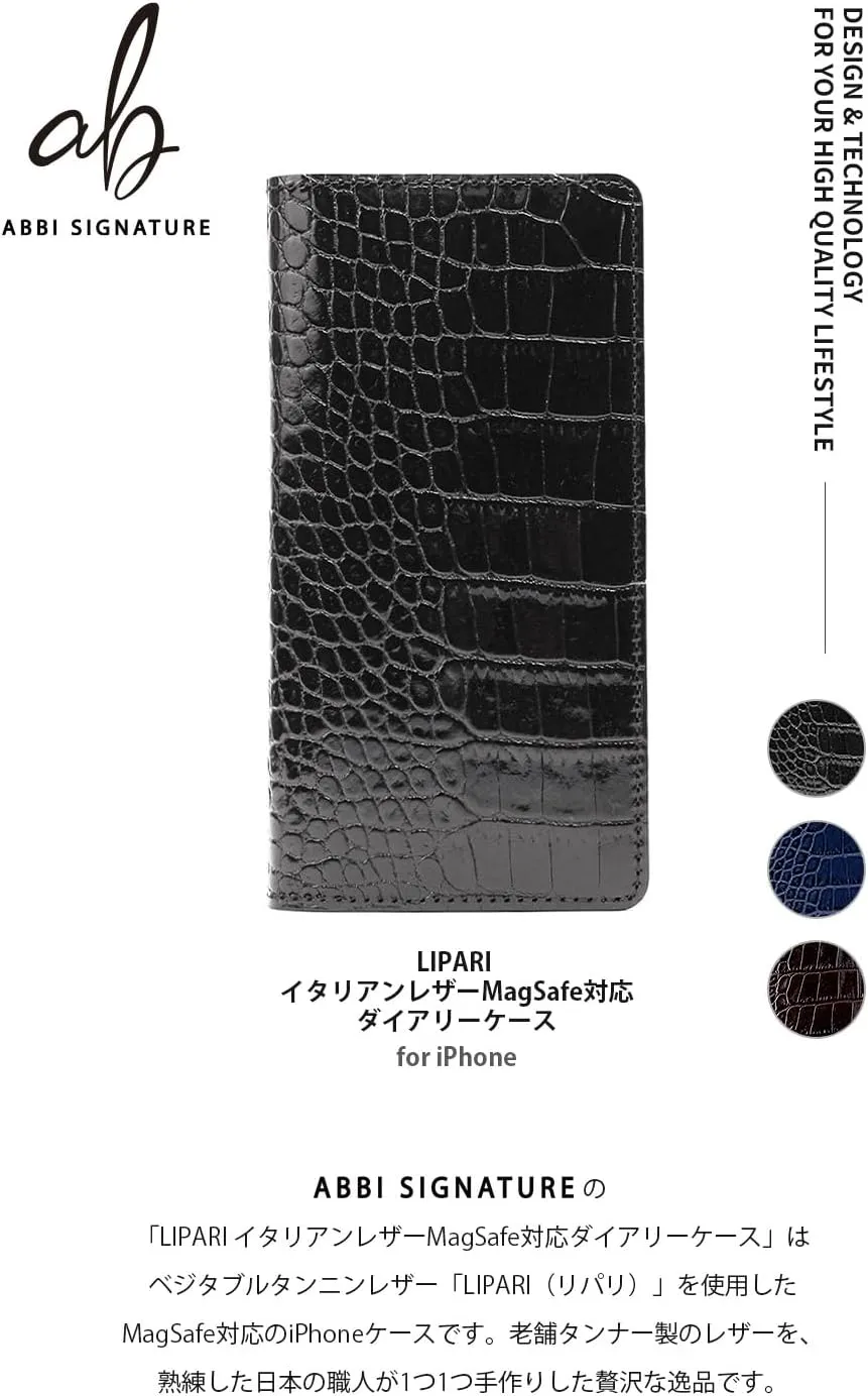 ABBI SIGNATURE iPhone 15 Pro Case, Made in Japan, Notebook-type Genuine Leather, LIPARI Italian Leather, Diary Case, Compatible with MagSafe [Crocodile Embossed Leather, Handmade Durable Leather Case,