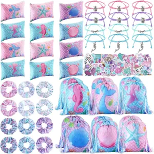 Abbylike 49 Pcs Mermaid Party Favors for Kids Including 12 Mermaid Drawstring Backpack 12 Travel Toiletry Bag 12 Hair Scrunchies 12 Bracelets 1 Set Temporary Tattoos for Girls Decor