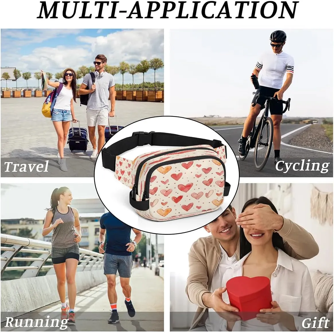 Abstraction Heart Retro Printing Fanny Packs for Women Men Waterproof Waist Bag with Adjustable Strap Belt Bag for Travel Running Hiking