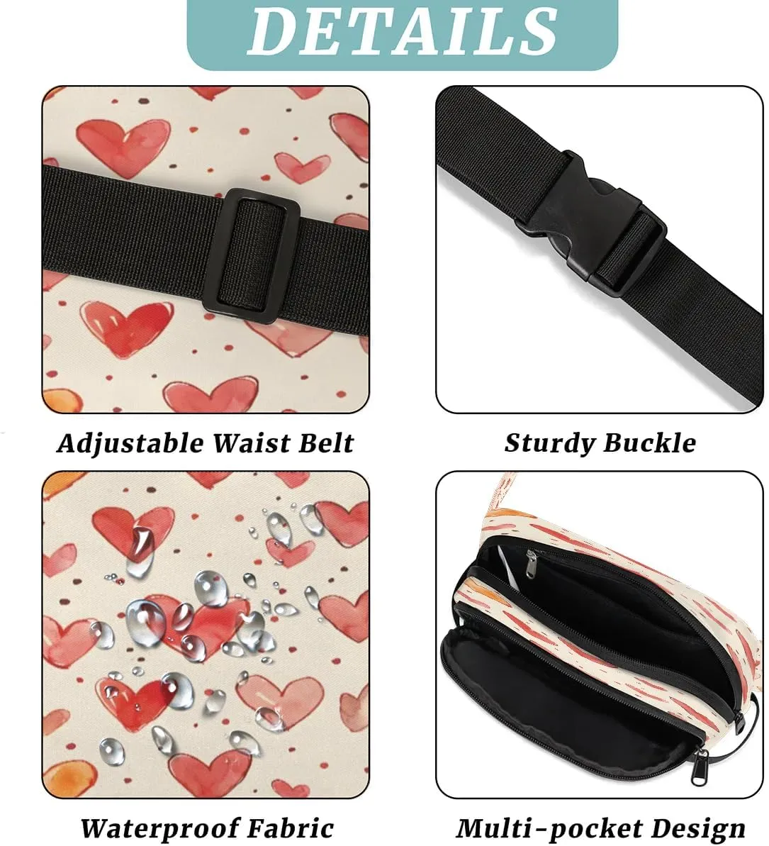 Abstraction Heart Retro Printing Fanny Packs for Women Men Waterproof Waist Bag with Adjustable Strap Belt Bag for Travel Running Hiking