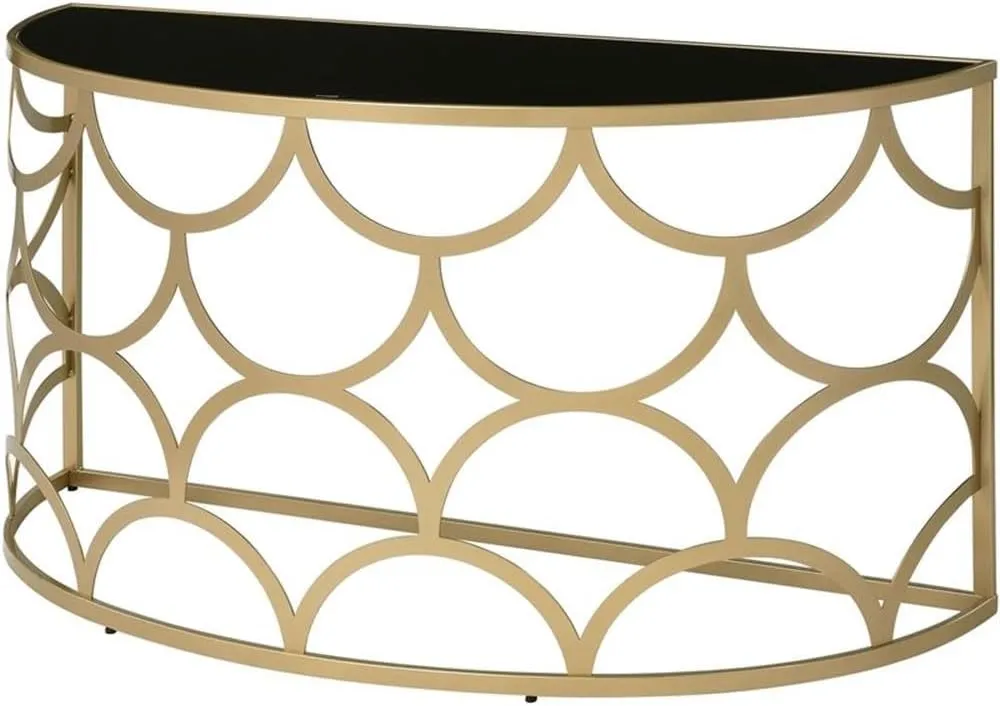 Acme Altus Half Moon Glass Top Console Table with Metal Base in Gold